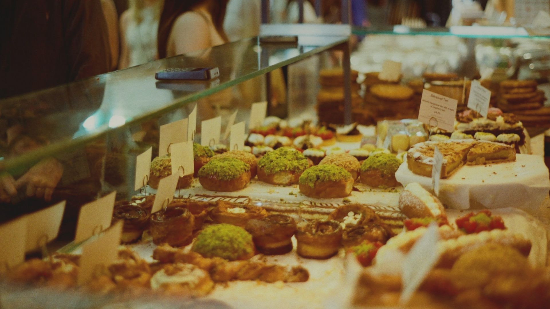 Pastries displayed in a bakery case